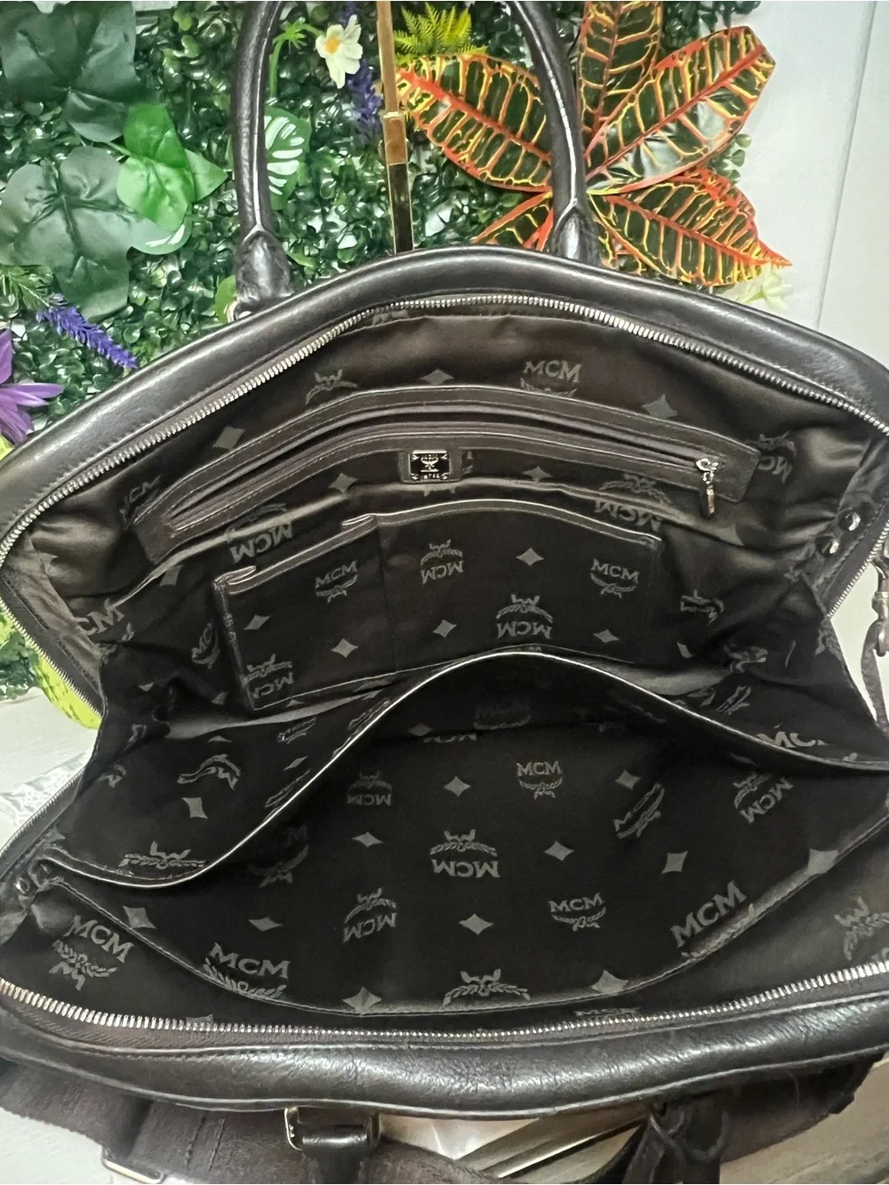 MCM Dark Brown Leather Briefcase with Shoulder Strap
